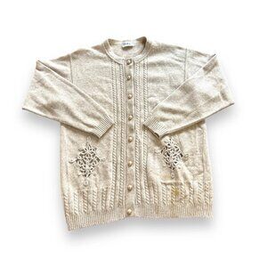 Erika Vintage Beige Knit Cardigan Sweater - Pearl Buttons & Lace Detail - Size L